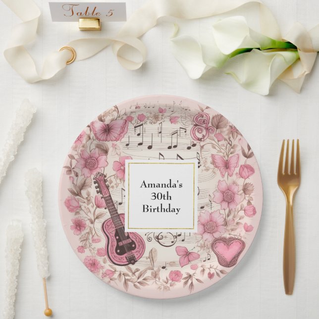 Assiettes En Carton Notes musicales et fleurs Style rétro Anniversaire (Mariage)
