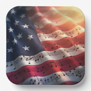 Assiettes En Carton Notes musicales sur un drapeau américain