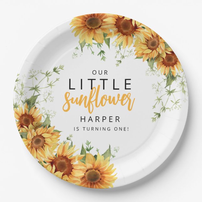 Assiettes En Carton Notre fête d'anniversaire de la petite tournesol (Devant)