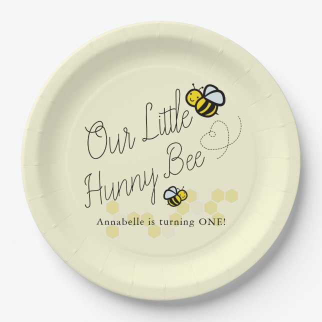 Assiettes En Carton Notre Petite Fille Jaune D'Abeille Chanté Annivers (Devant)