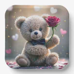 Assiettes En Carton Nounours avec rose rouge