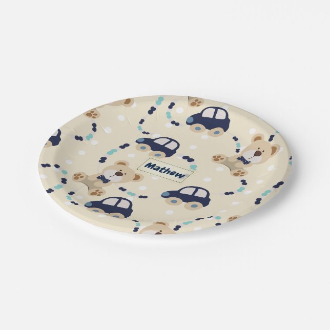 Assiettes En Carton Nounours et voitures Baby Boy Motif (Angle)