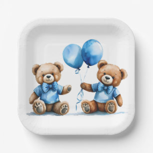 Assiettes En Carton Nounours jumeaux avec Ballons Bleus