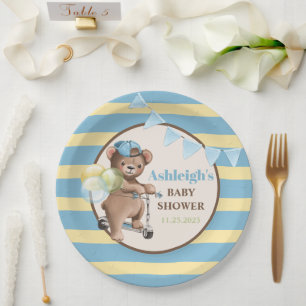 Assiettes En Carton Nounours sur scooter, Baby Shower rayé