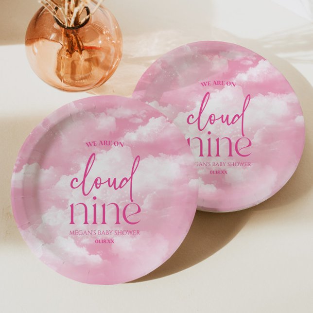 Assiettes En Carton Nous Sommes Sur Cloud Neuf Baby shower Rose (Créateur téléchargé)