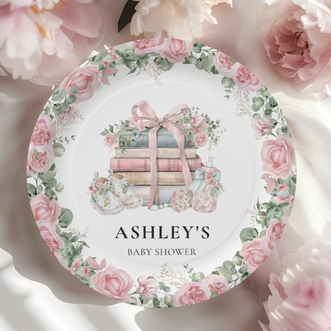 Assiettes En Carton Nouveau chapitre Bow rose Baby shower floral (Créateur téléchargé)