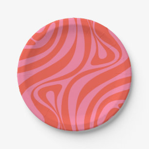 Assiettes En Carton Nouveau Groove Retro Abstrait Motif Hot Pink