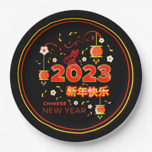 Assiettes En Carton Nouvel An chinois 2023 Lapin Rouge Or Noir 9" 
