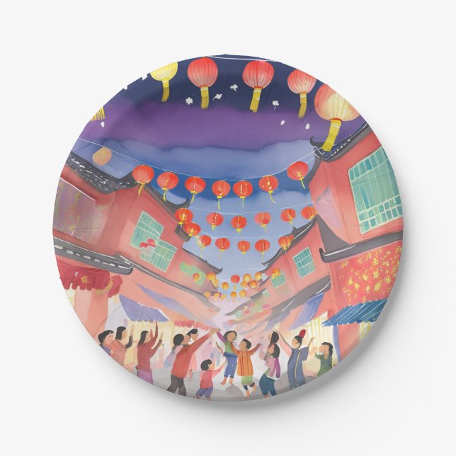 Assiettes En Carton Nouvel An lunaire chinois | Aquarelle de célébrati (Devant)