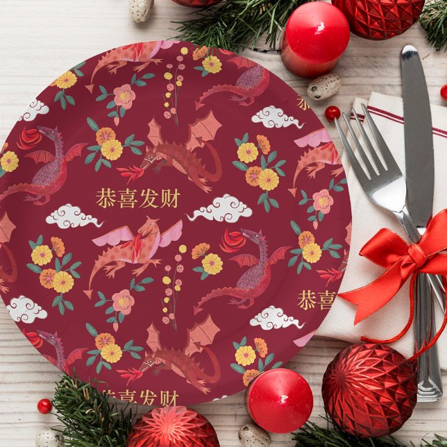 Assiettes En Carton Nouvel an lunaire du dragon rouge (Lunar new year of the dragon red paper plates)