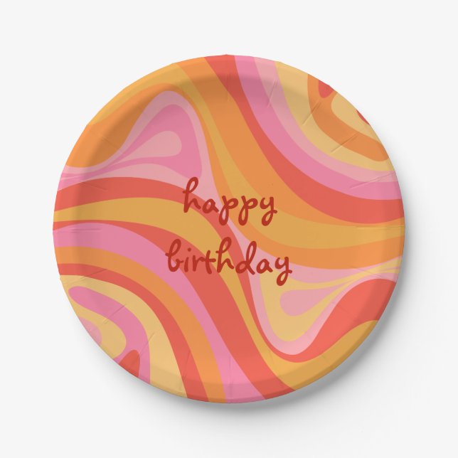 Assiettes En Carton Nouvel anniversaire de Groove Retro Abstrait rose  (Devant)