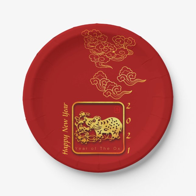 Assiettes En Carton Nuages Auspicious Nouvel An chinois OX 2021 PP (Devant)