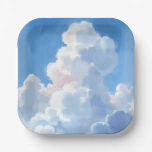 Assiettes En Carton Nuages Blancs Beau Ciel Bleu Aquarelle