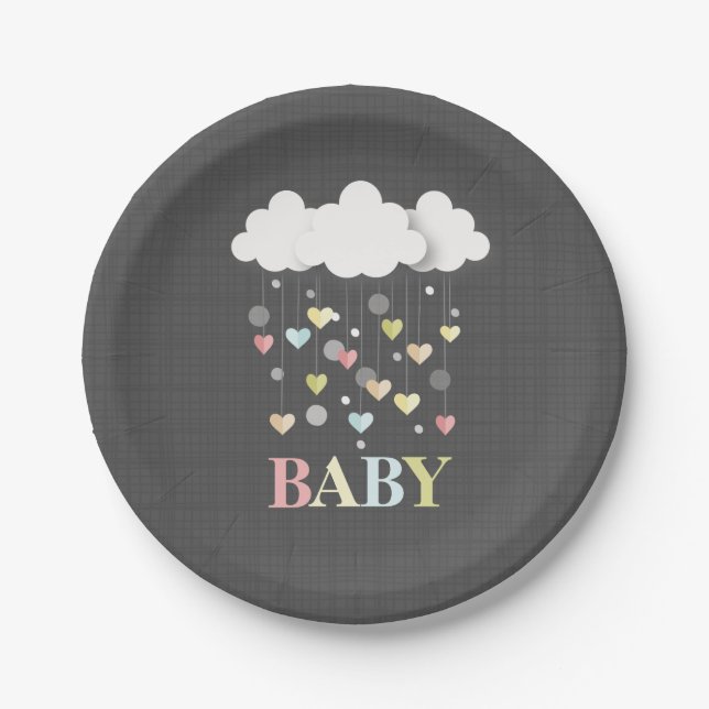 Assiettes En Carton Nuages + Coeurs Baby shower neutre (Devant)