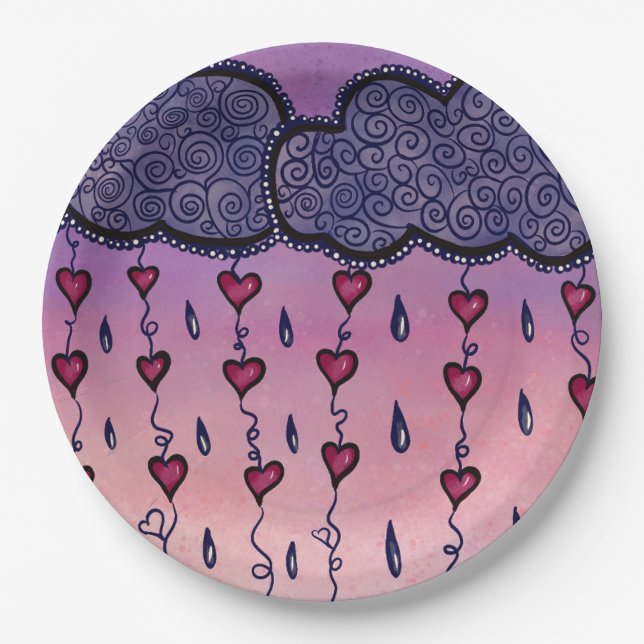 Assiettes En Carton Nuages mignons, coeurs et gouttes de pluie (Devant)