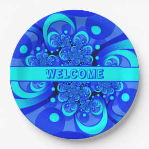 Assiettes En Carton Nuances de bleu Art fractal abstrait moderne