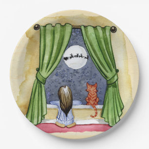 Assiettes En Carton Nuit de Noël Aquarelle mignonne Enfant & Kitty Cha