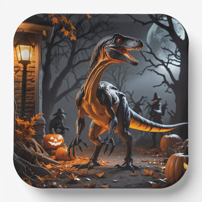 Assiettes En Carton Nuit D'Halloween Avec Velociraper (Recto)
