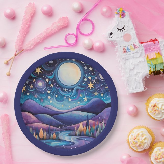 Assiettes En Carton Nuit lunaire Big Moon Paysage (Fête)