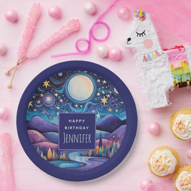 Assiettes En Carton Nuit lunaire Big Moon Paysage Anniversaire (Fête)