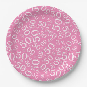 Assiettes En Carton Numéro 50e anniversaire Motif rose/blanc