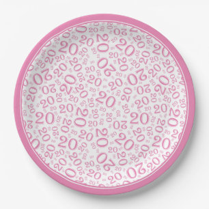 Assiettes En Carton Numéro Aléatoire Anniversaire Motif Rose/Blanc 20