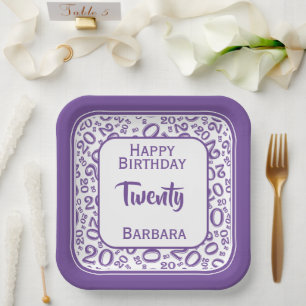 Assiettes En Carton Numéro aléatoire du 20e parti Motif violet/blanc