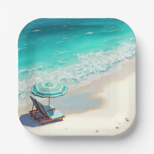 Assiettes En Carton Ocean Beach Avec Chaise Lounge et Parapluie