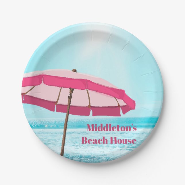 Assiettes En Carton Océan Bleu Surf d'été Pink Beach Parapluie (Devant)