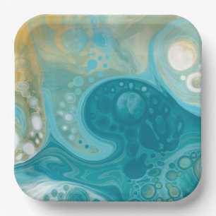 Assiettes En Carton Ocean Blue Waves et Sandy Brown Fluid Art
