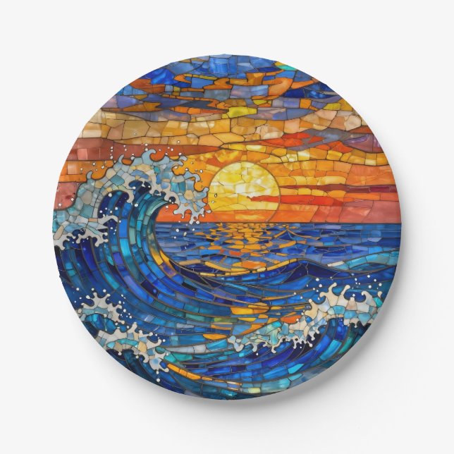 Assiettes En Carton Oceanic Coastal Ocean Waves Sunset   (Devant)