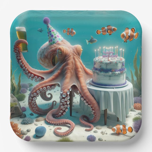Assiettes En Carton Octopus d'anniversaire avec une bière (Recto)