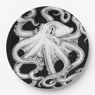 Assiettes En Carton Octopus Encre Noire Et Blanche