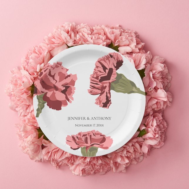 Assiettes En Carton Oeillets roses Luxe Moderne Floral Mariage (Créateur téléchargé)