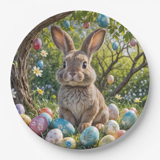Assiettes En Carton Oeuf de Pâques avec lapin (Devant)