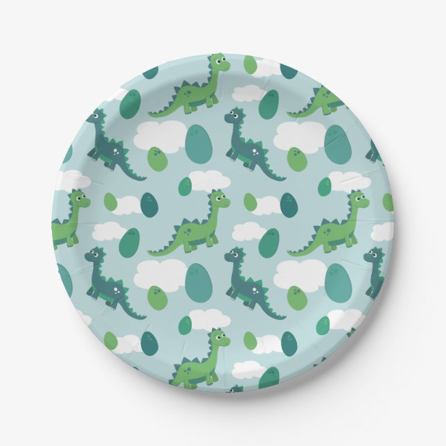 Assiettes En Carton OEufs de dinosaure bleu vert motif  (Devant)