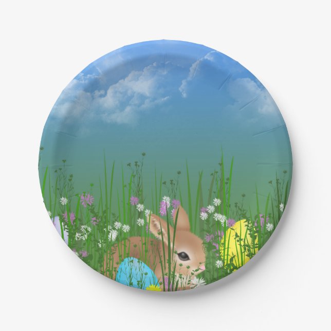 Assiettes En Carton OEufs de Pâques et lapin dans l'herbe (Devant)