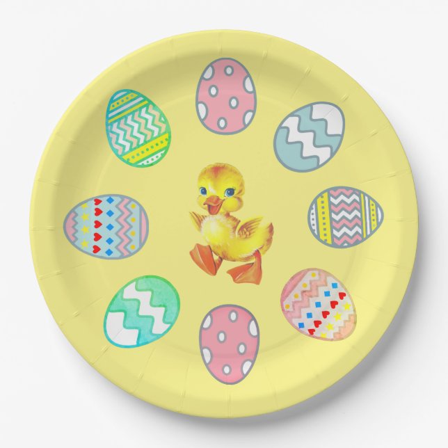 Assiettes En Carton Œufs de Pâques peints sur fond jaune (Devant)