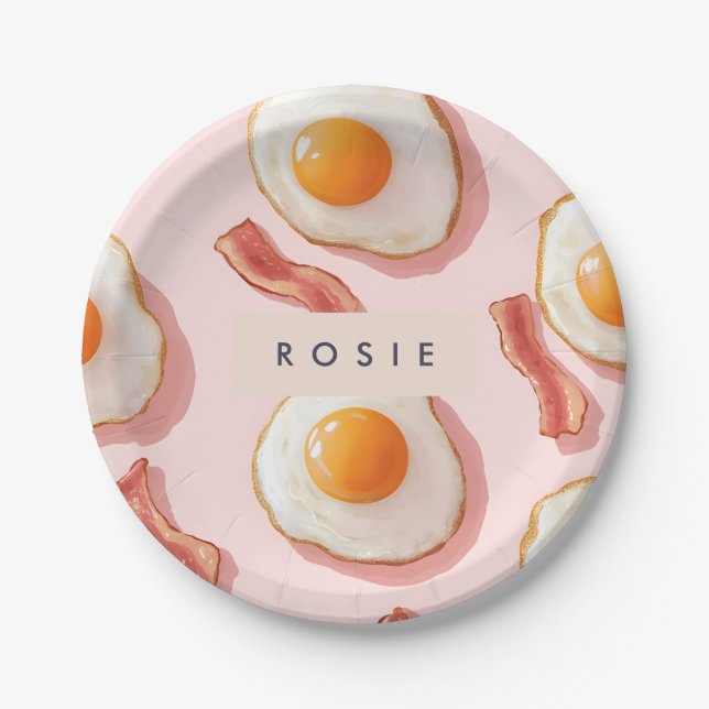 Assiettes En Carton Oeufs frits roses personnalisés et Motif de bacon (Devant)