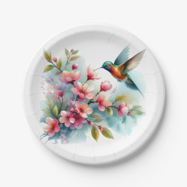 Assiettes En Carton OEuvre florale/printanière de colibri (Devant)