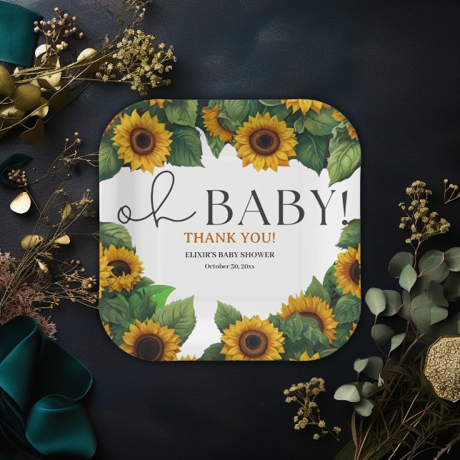 Assiettes En Carton "Oh Baby" Baby shower de tournesol moderne et élég (Créateur téléchargé)