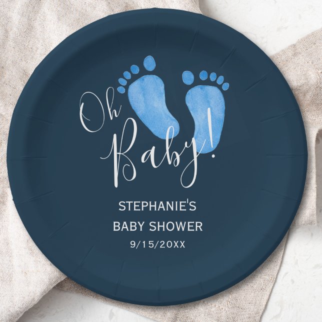 Assiettes En Carton Oh Baby Feet Baby shower bleu marine (Créateur téléchargé)