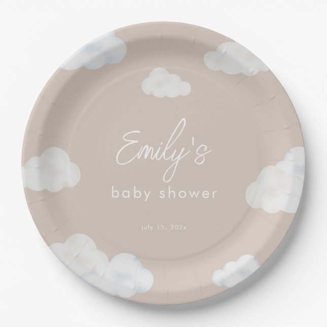 Assiettes En Carton Oh Baby Moderne Baby shower en nuage beige Plaques (Devant)