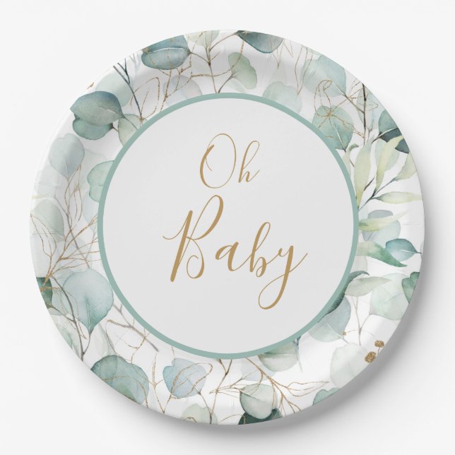 Assiettes En Carton Oh Baby Papier Plaques Baby shower Eucalyptus (Devant)