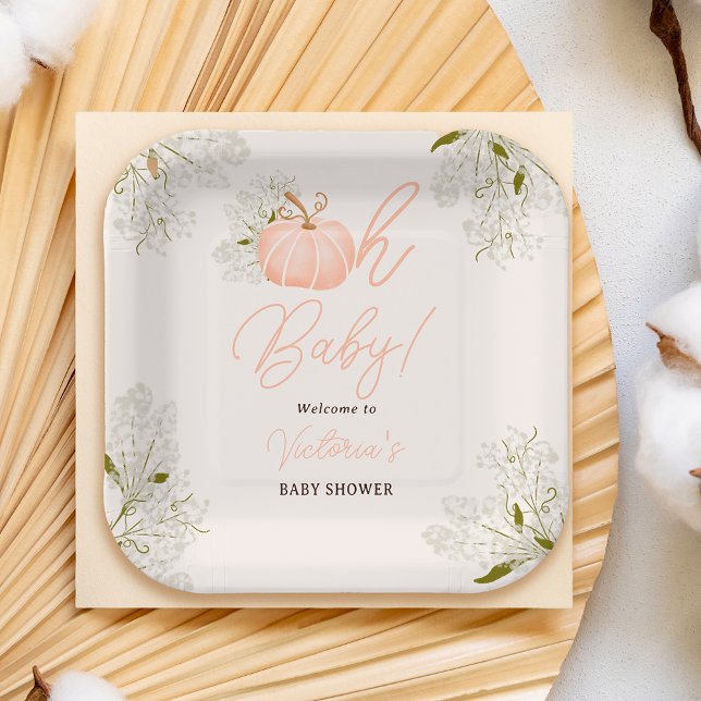 Assiettes En Carton Oh Baby rose citrouille baby shower floral chic (Oh Baby pink pumpkin floral chic baby shower Paper Plates)