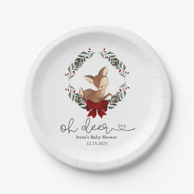 Assiettes En Carton Oh Deer Baby shower de verdure hivernale (Devant)