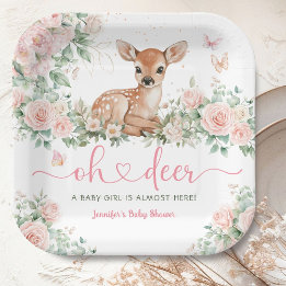 Assiettes En Carton Oh Deer Baby shower Girl Papier rose