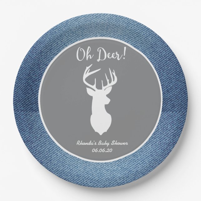 Assiettes En Carton Oh Deer Blanc Buck Personnalisé Denim Gris Plaques (Devant)