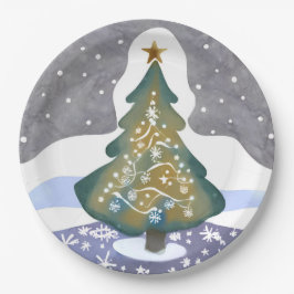 Assiettes En Carton Oh sapin de Noël | Aquarelle Peinture hivernale