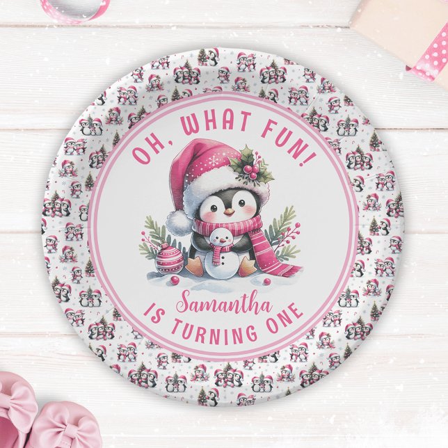 Assiettes En Carton Oh What Fun mignon Penguin Winter Girl 1er anniver (Créateur téléchargé)